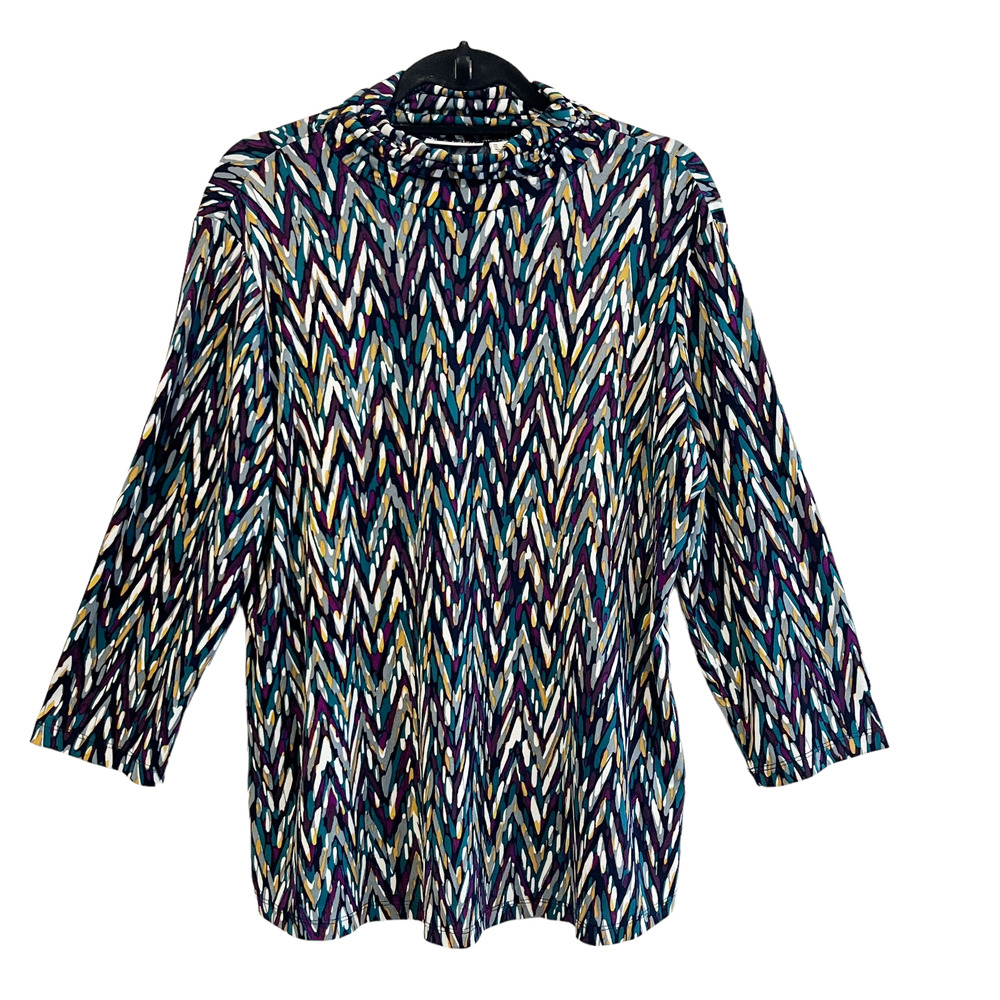 Susan Graver Top Large Turtleneck Multicolor 3/4 Sleeve Liquid Knit Stretch